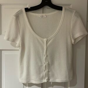 Elodie white waffle short sleeve button up crop top tshirt in size large